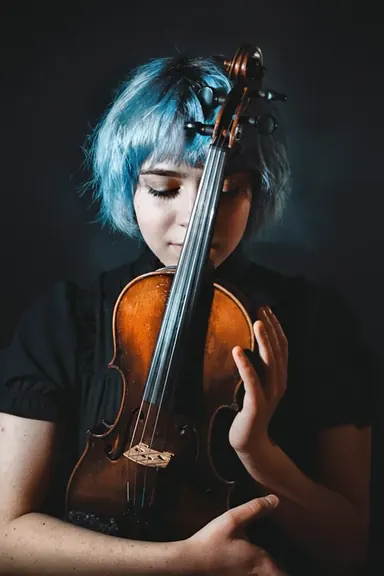 Violinist with blue hair — Photo: Norbert Banhalmi Studio portrait of a young violinist with blue hair holding her instrument against a dark background.