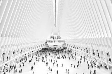 The Oculus, New York — Photo: Norbert Banhalmi Black and white view of the Oculus in New York, the crowd small beneath its white ribs.