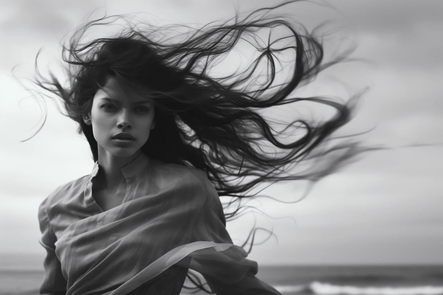 Wind off the sea — Photo: Norbert Banhalmi Black and white: a young woman on the shore, her hair thrown across the frame by the wind.