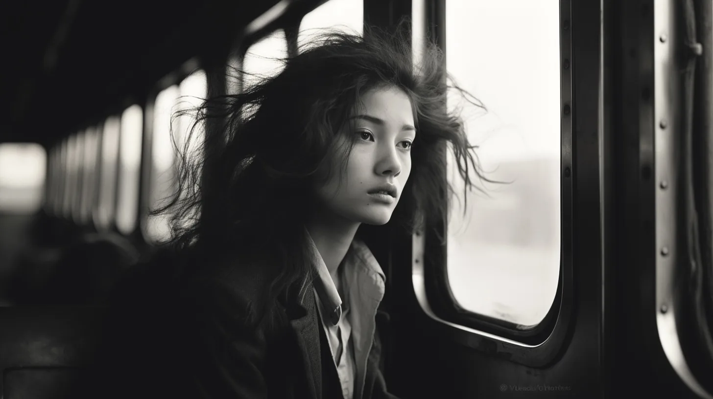 Train window — Photo: Norbert Banhalmi A young woman looks out of a moving train window, hair lifted by the draught.