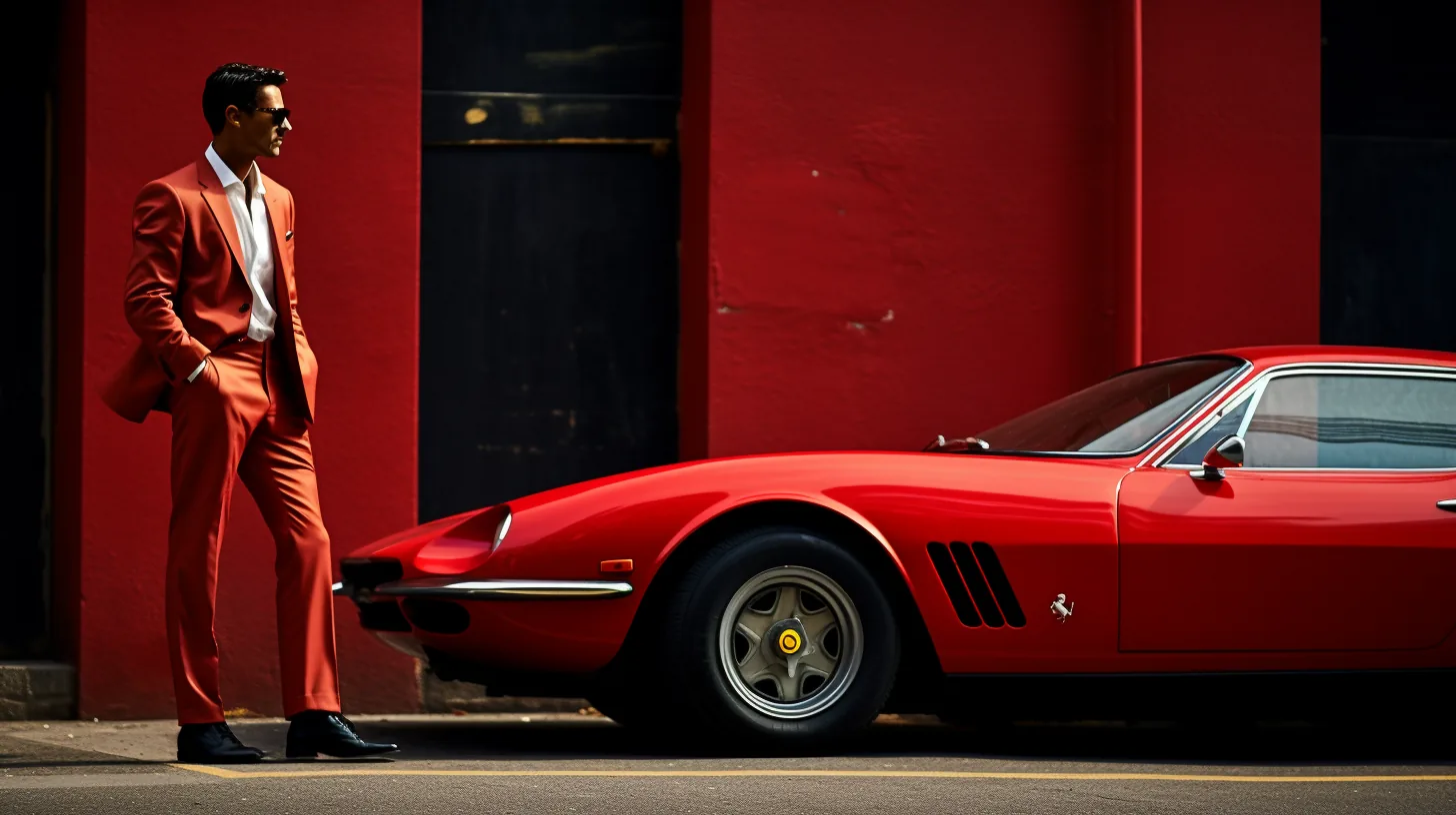 Red on red — Photo: Norbert Banhalmi A man in a red suit stands beside a red sports car in front of a red wall.