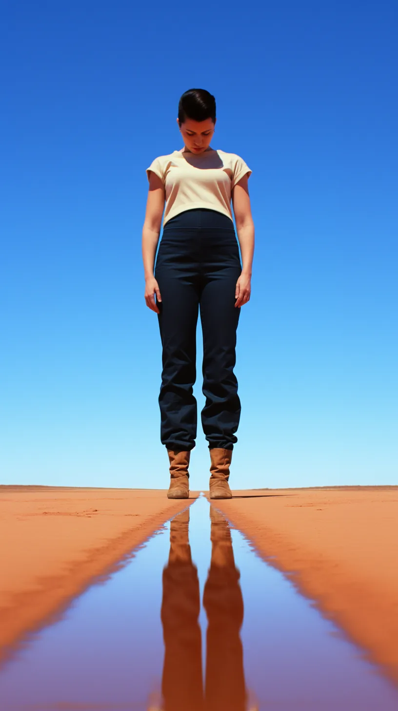 Standing on the mirror — Photo: Norbert Banhalmi A figure stands on a mirror-flat surface between orange ground and blue sky, reflected below.