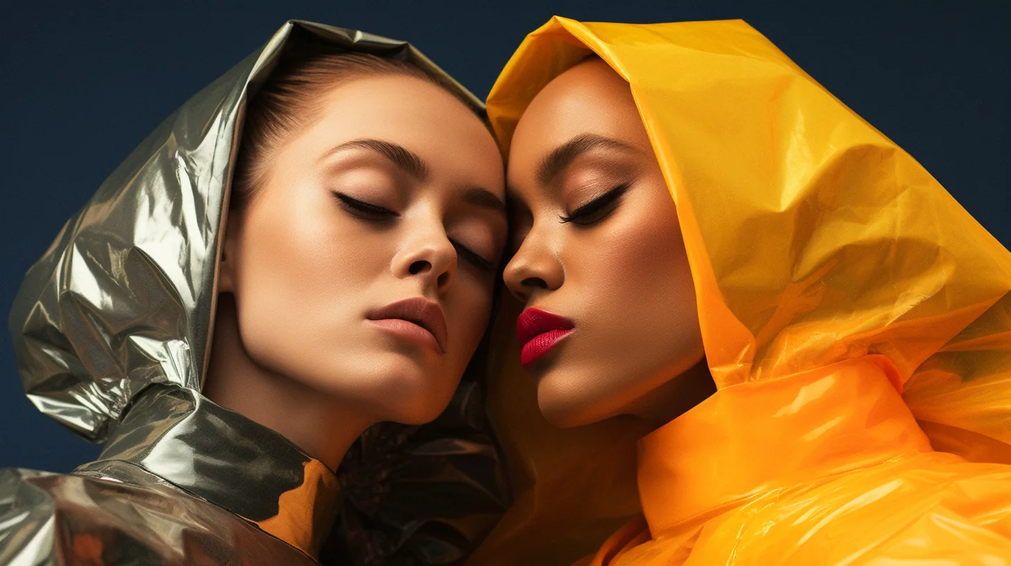 Silver and yellow — Photo: Norbert Banhalmi Two women in silver and yellow hooded coats lean together with closed eyes.