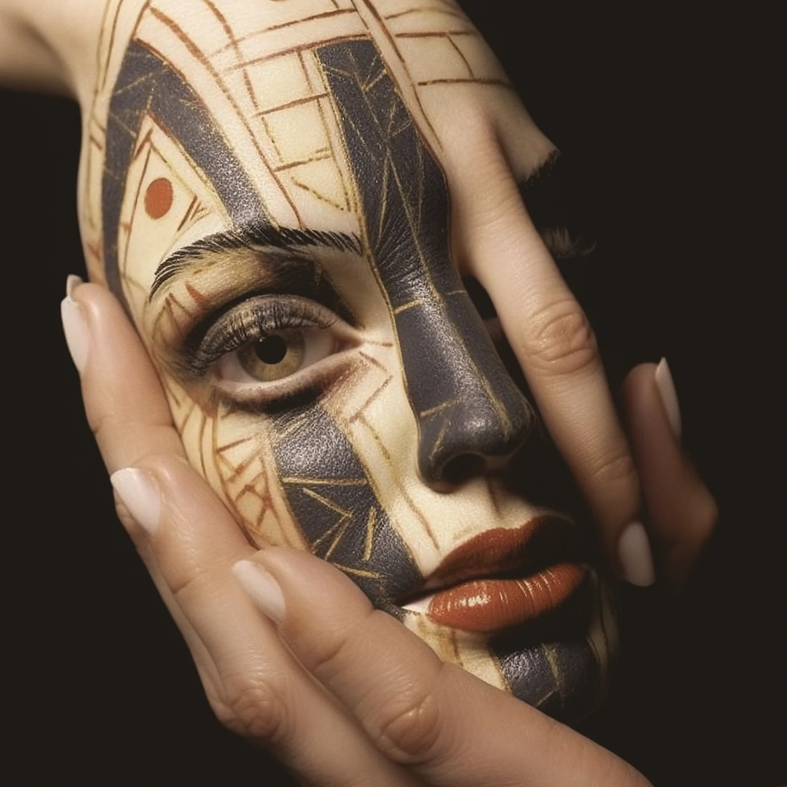 Painted face — Photo: Norbert Banhalmi A face painted with geometric lines, framed by two hands.