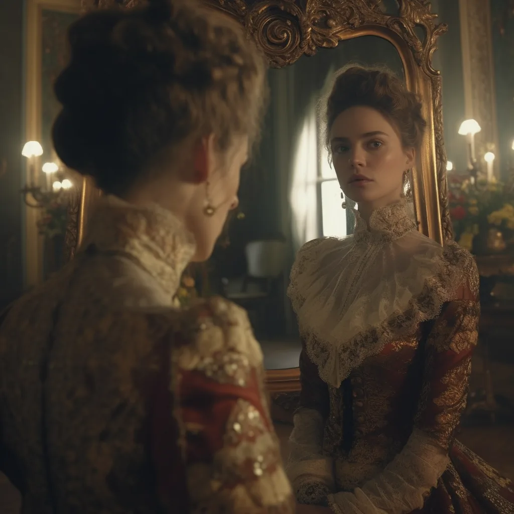The gilded mirror — Photo: Norbert Banhalmi A woman in a period gown looks at her own reflection in an ornate gilded mirror.