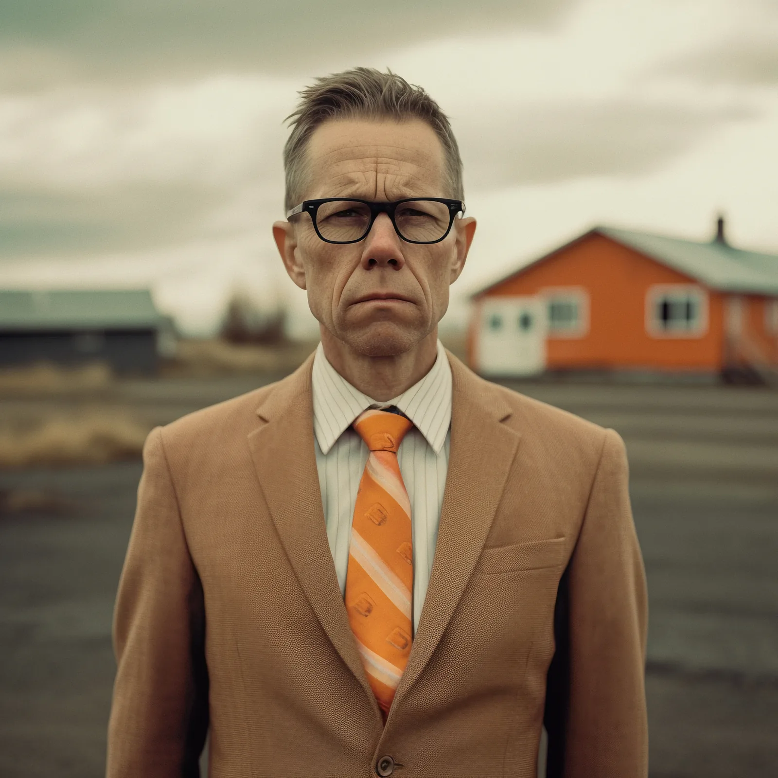 Man in the orange tie — Photo: Norbert Banhalmi A man in a beige suit and striped orange tie stands before a low orange building.
