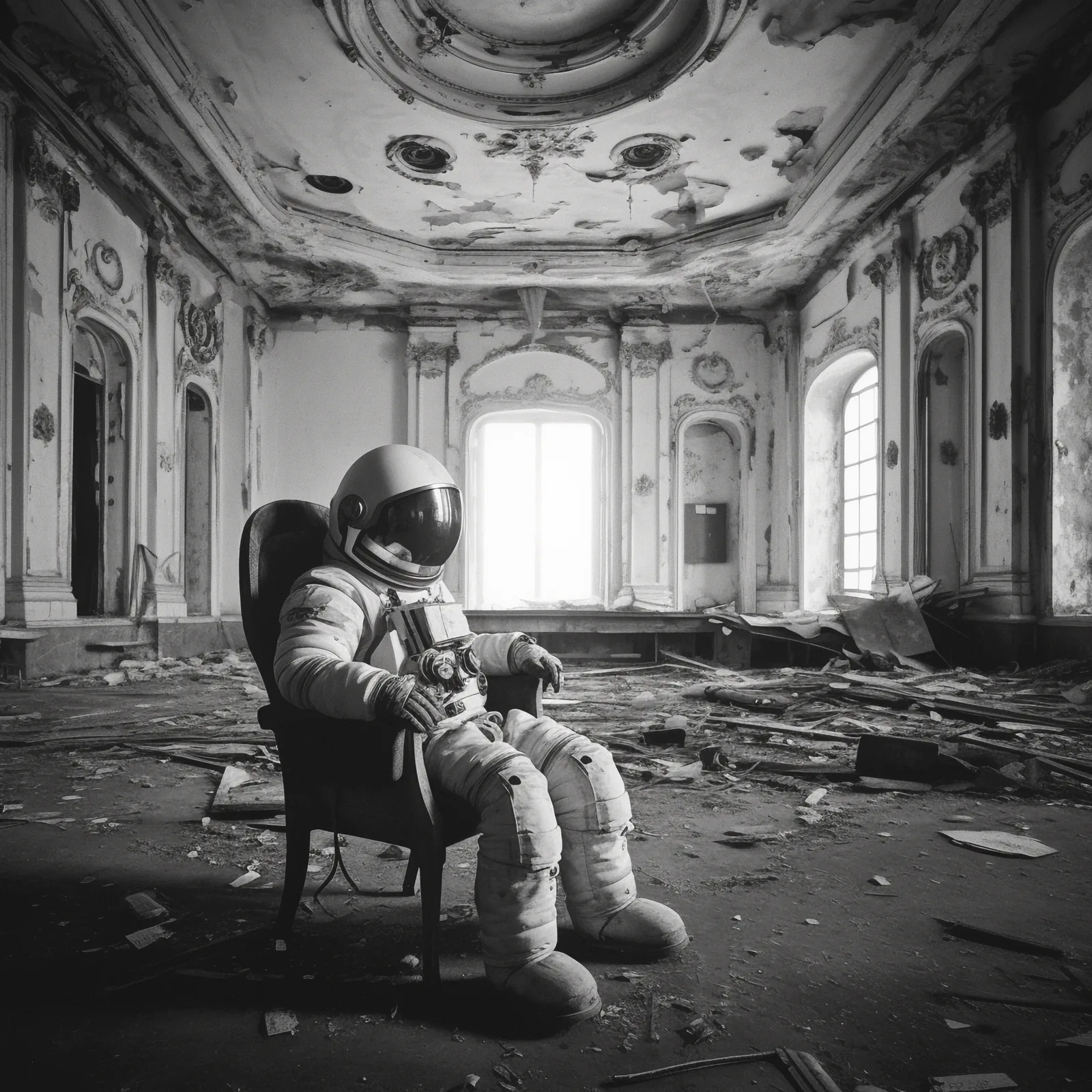 Astronaut in the ballroom — Photo: Norbert Banhalmi An astronaut sits in an armchair in a decaying, once-grand ballroom.