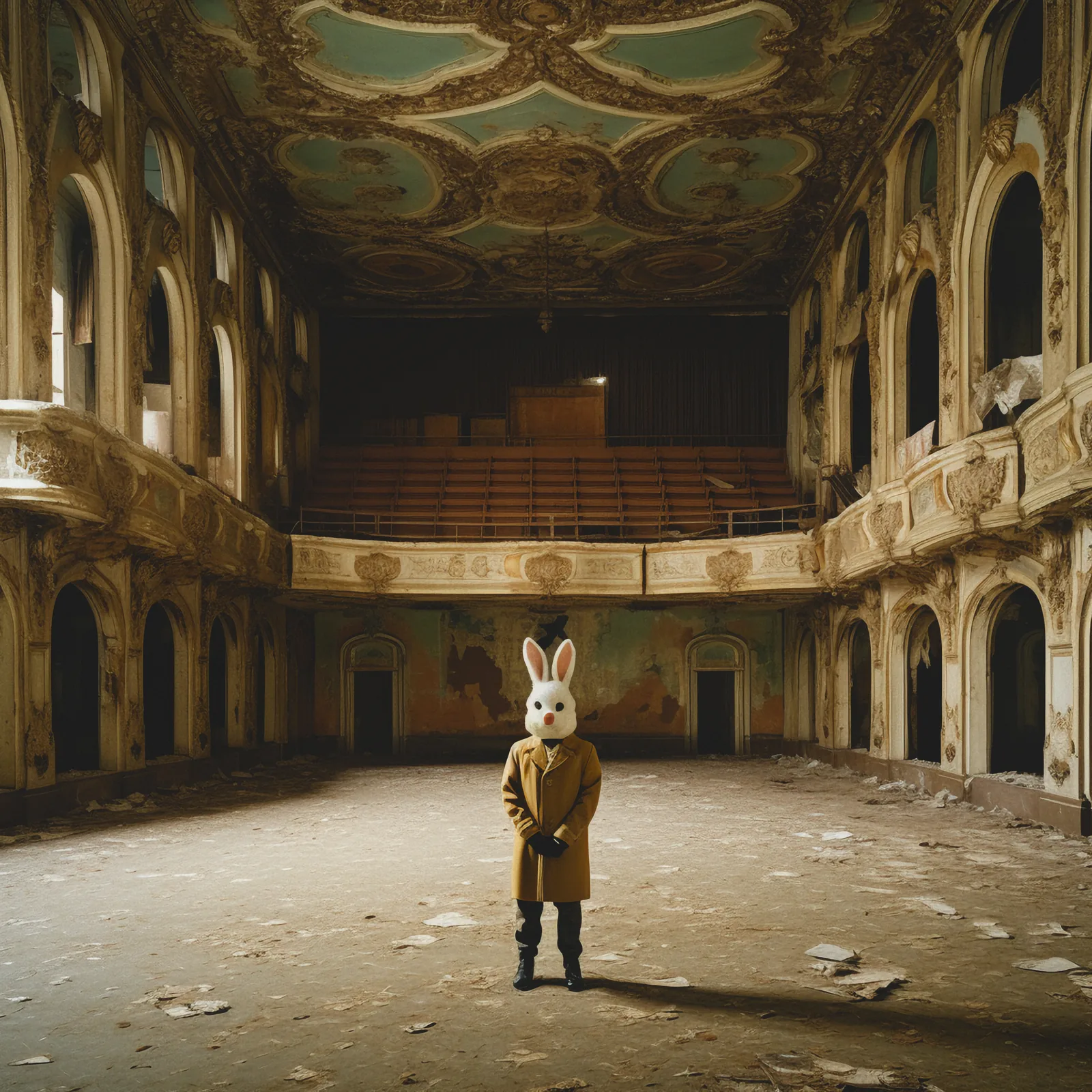 Rabbit mask — Photo: Norbert Banhalmi A figure in a yellow coat and a white rabbit mask stands alone in a ruined theatre.