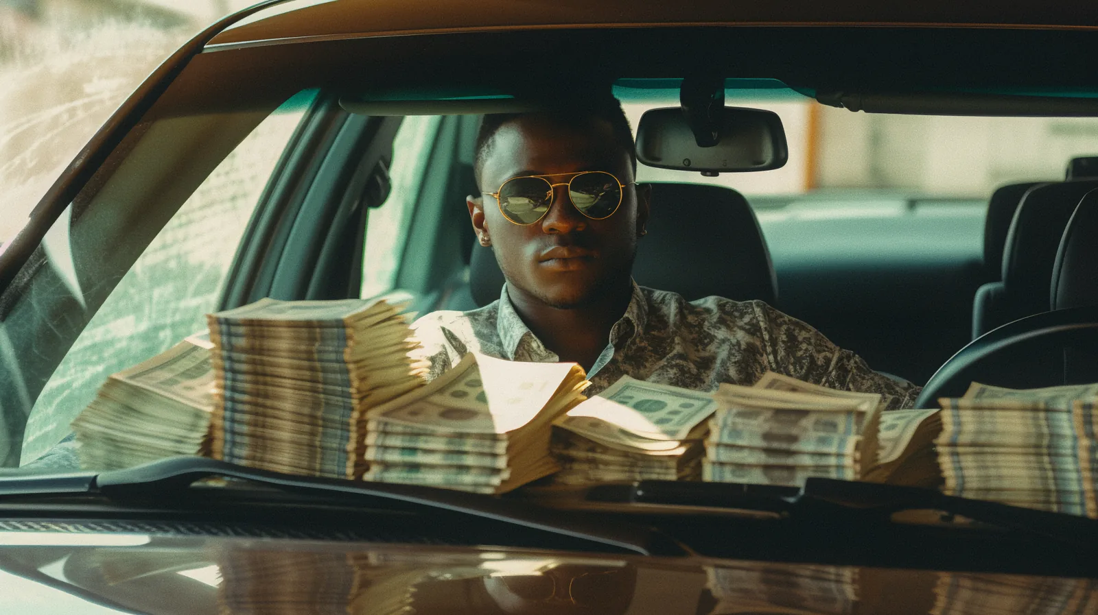 Money on the dashboard — Photo: Norbert Banhalmi A man in sunglasses sits in a car behind stacks of banknotes piled on the dashboard.