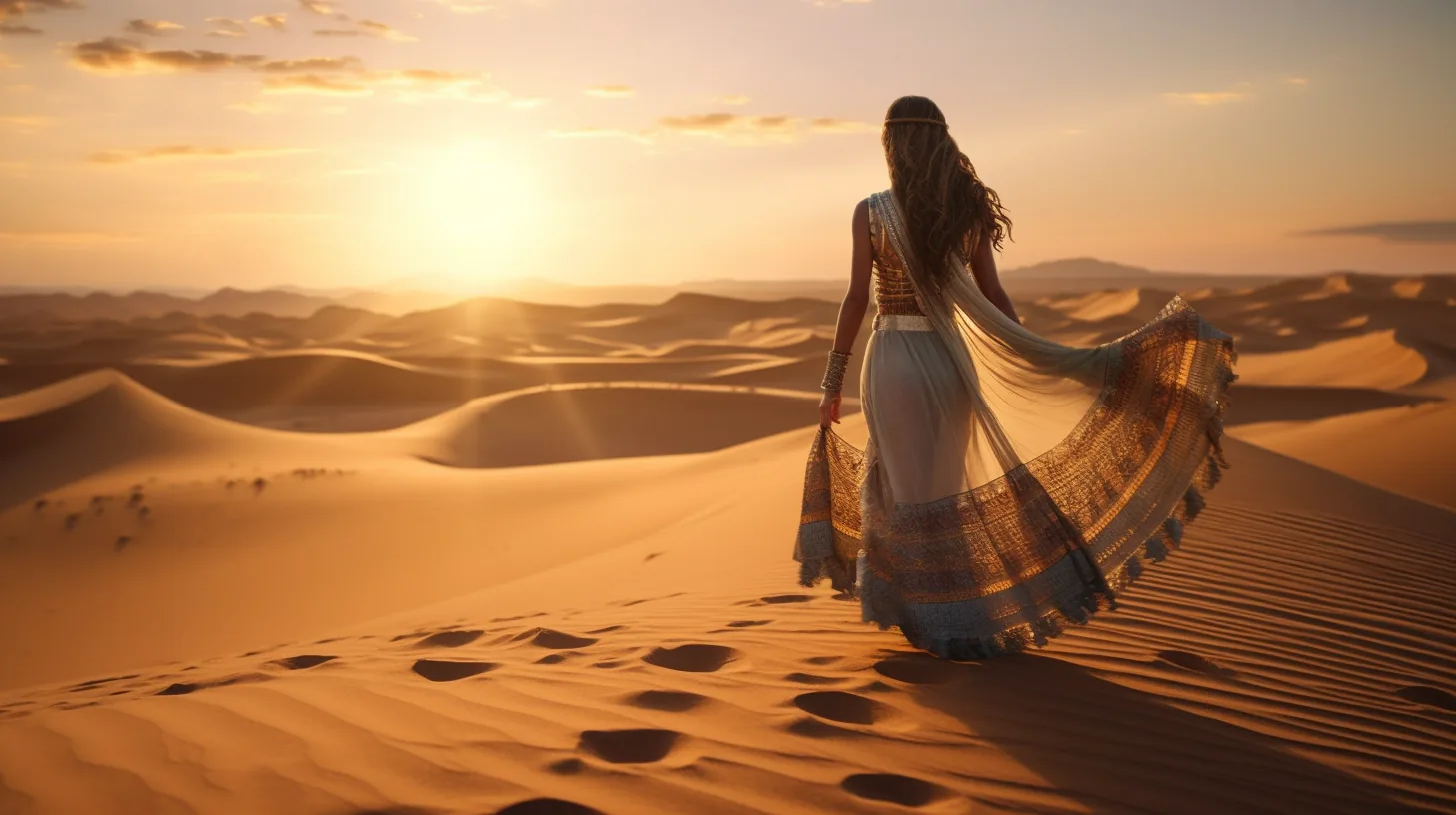 Dunes at sunset — Photo: Norbert Banhalmi A woman walks away across desert dunes at sunset, her skirt catching the light.