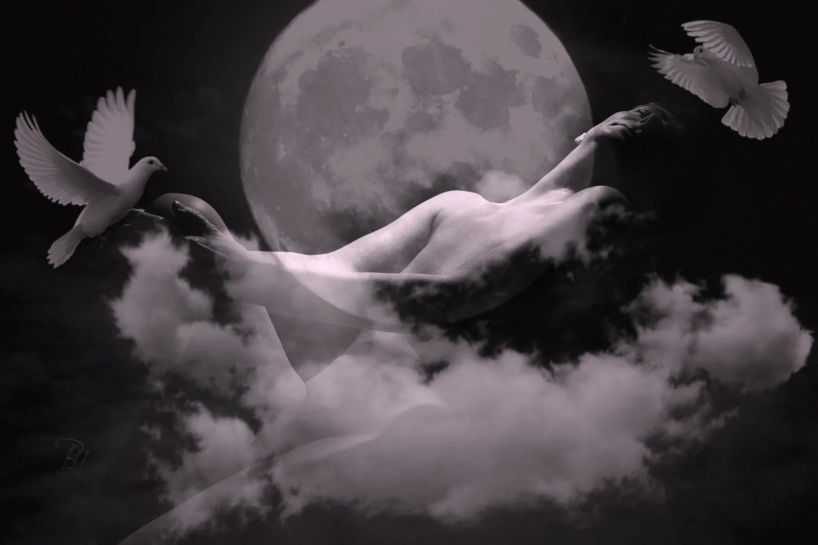 Moon and doves — Photo: Norbert Banhalmi A reclining figure rests on clouds between two doves, a full moon behind.