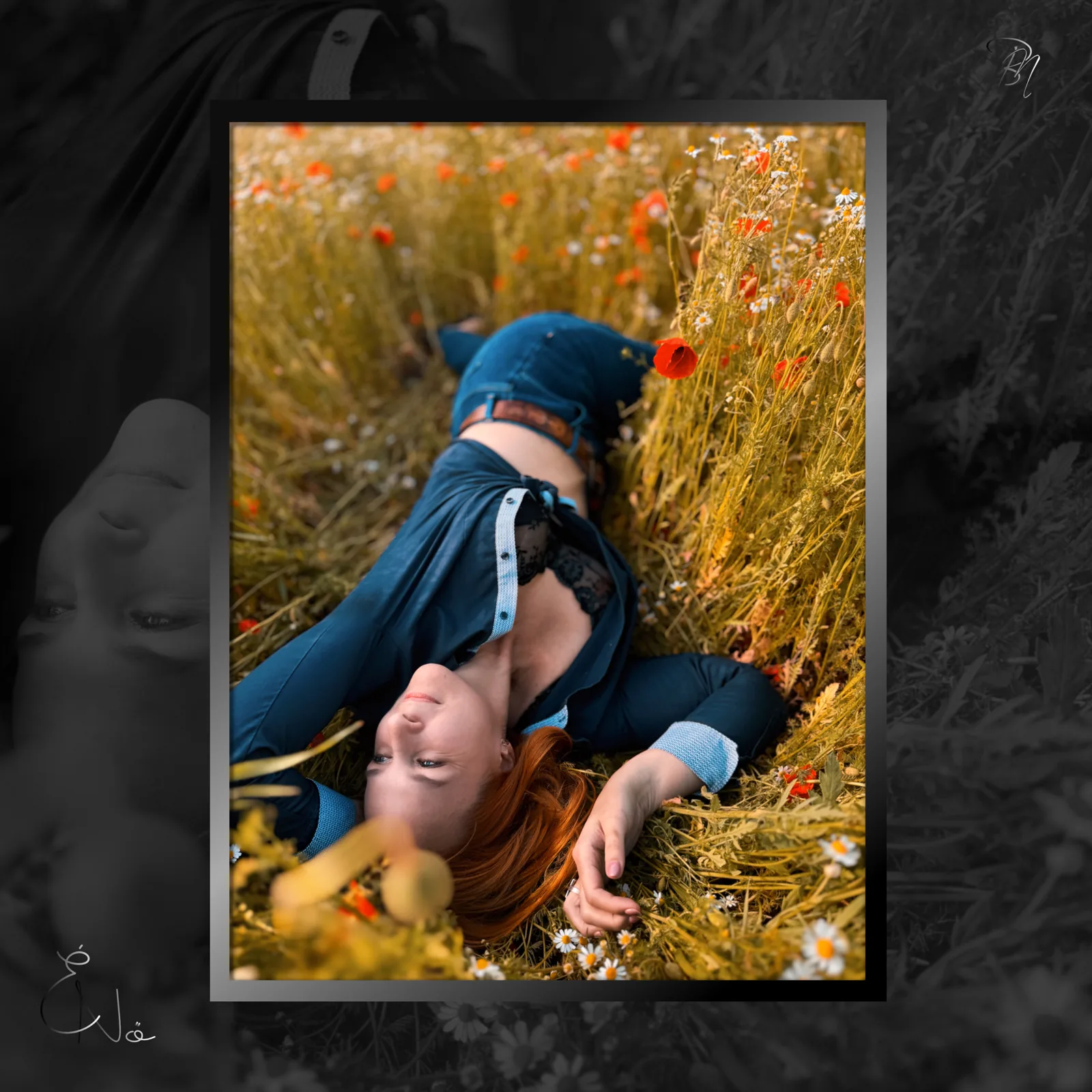 Among the poppies — Photo: Norbert Banhalmi A woman in a blue dress lies back in a field of poppies and wild grass.