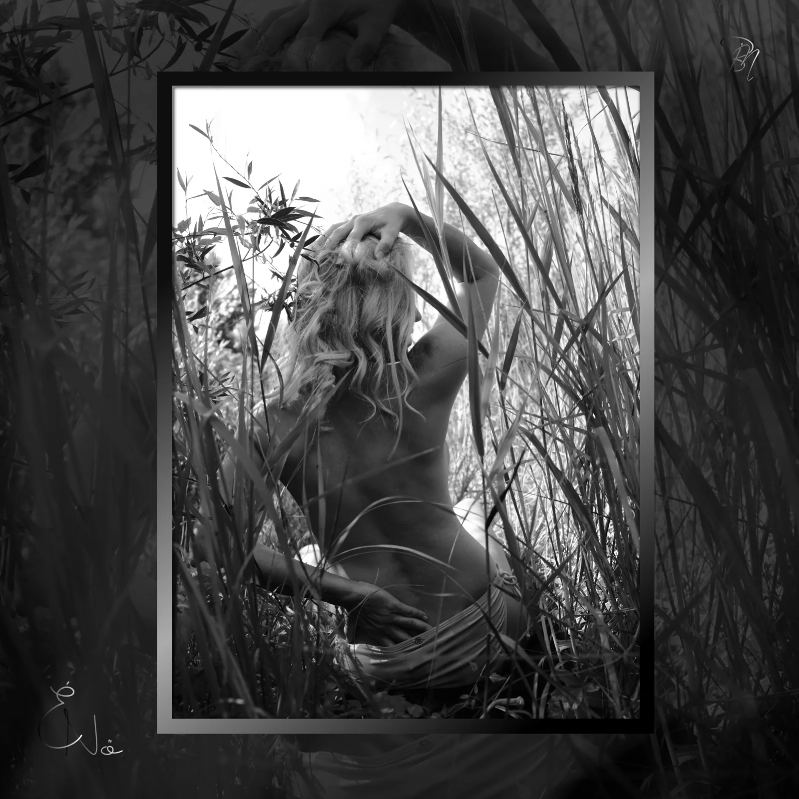 In the reeds — Photo: Norbert Banhalmi Black and white: a woman kneels among tall reeds.