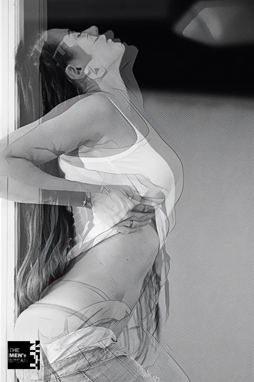 Doorway — Photo: Norbert Banhalmi A woman leans back in a doorway, the image doubled by movement.